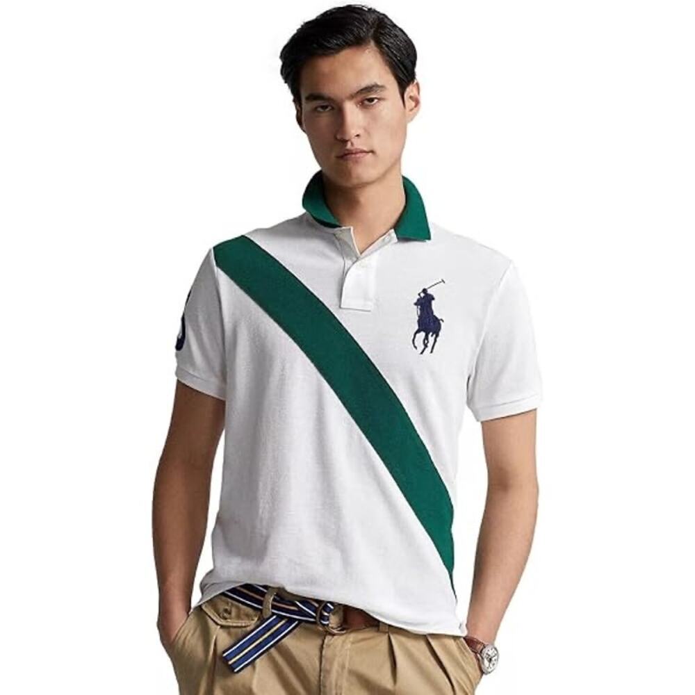 Polo Ralph Lauren Big Pony Diagonal Stripe Polo Shirt White Green Navy XL - Picture 1 of 6